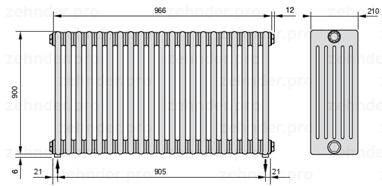 Схема (чертеж) Радиатор Zehnder Charleston 6090/21 №5310 Белый глянцевый RAL 9016